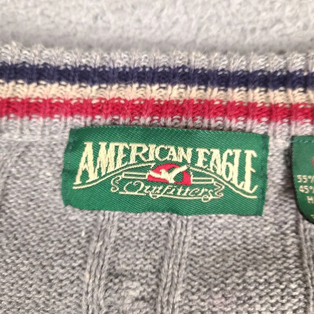 Vintage American Eagle Sweater Mens XL Gray Cable Knit V-Neck‎ Pullover Preppy